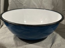Vintage 1970's Japan Blue White Enamelware Popcorn Mixing Bowl 10 Inches