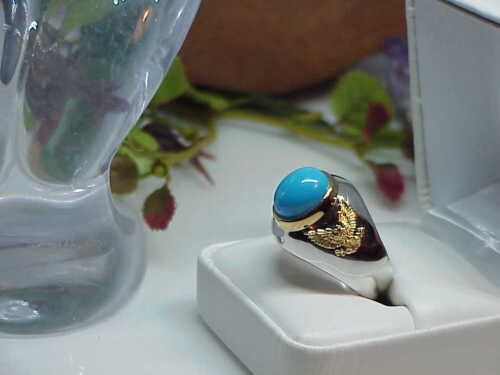 Men's Vintage 10k Sterling Silver Cabochon Turquoise Ring Gold Eagles Sz 11 NEW
