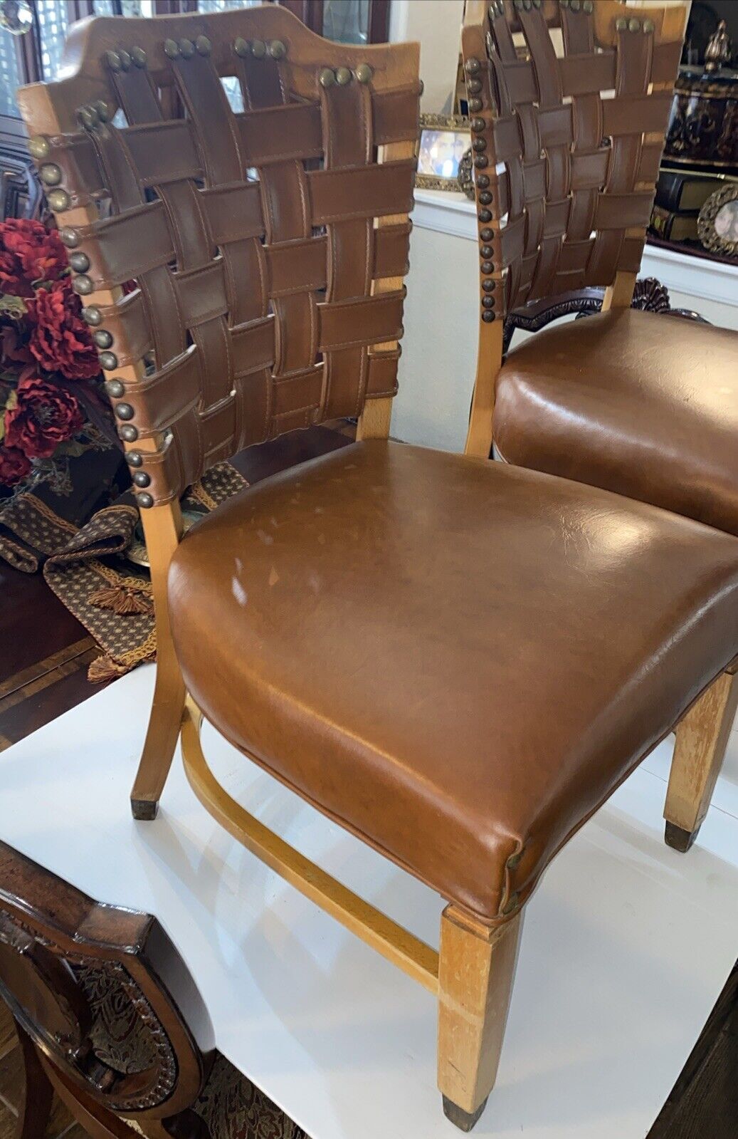 Vintage 2 Luby‘s Shelby Williams Chairs With Cushion Seats & Woven Leather Back