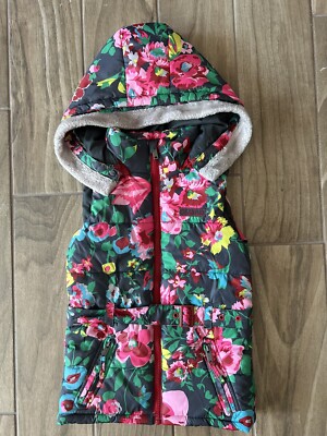 Tuc Tuc Kids Hooded Insulated Vest Sz 8A Tall Floral Detachable Hood & Fur Trim