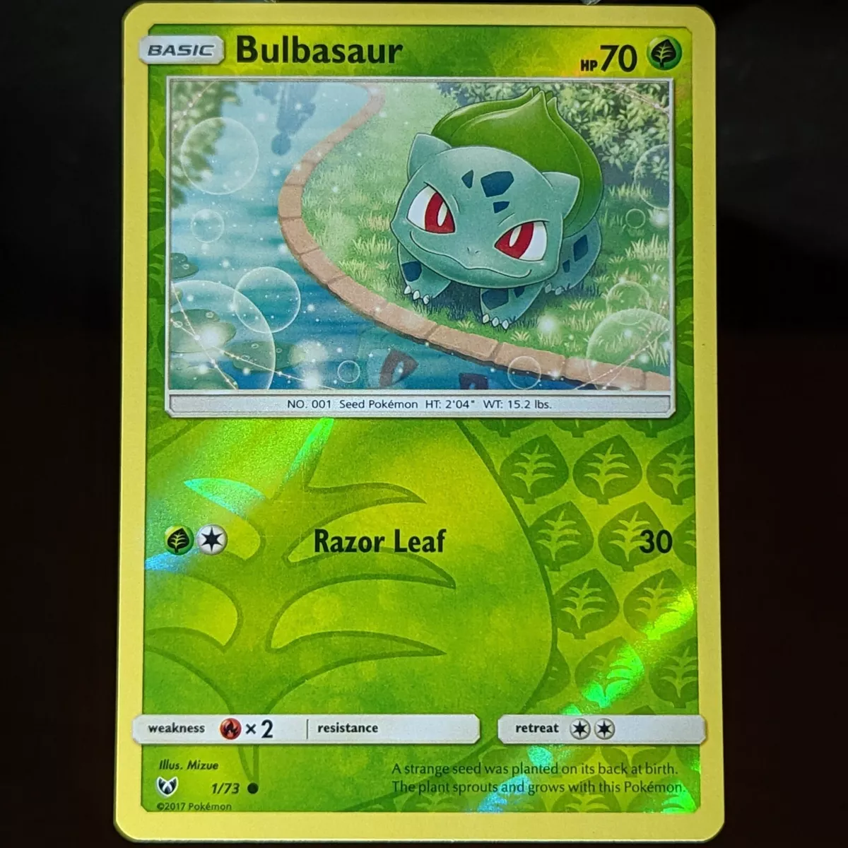 Bulbasaur 1/73 LP/NM Reverse Holo Shining Legends Foil Pokemon Card nature  leaf