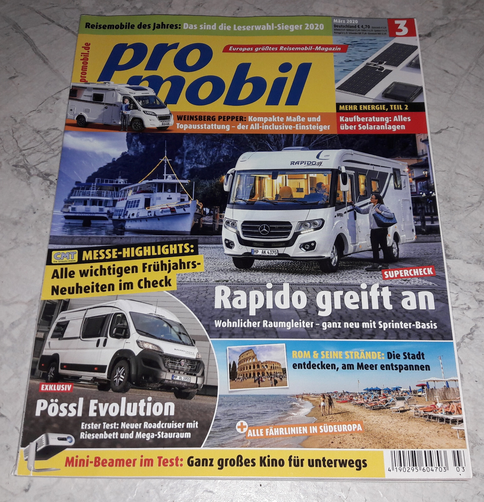 Promobil 3/2020 Solaranlagen Mini-Beamer Touren-Tipps Fährlinien in Südeuropa