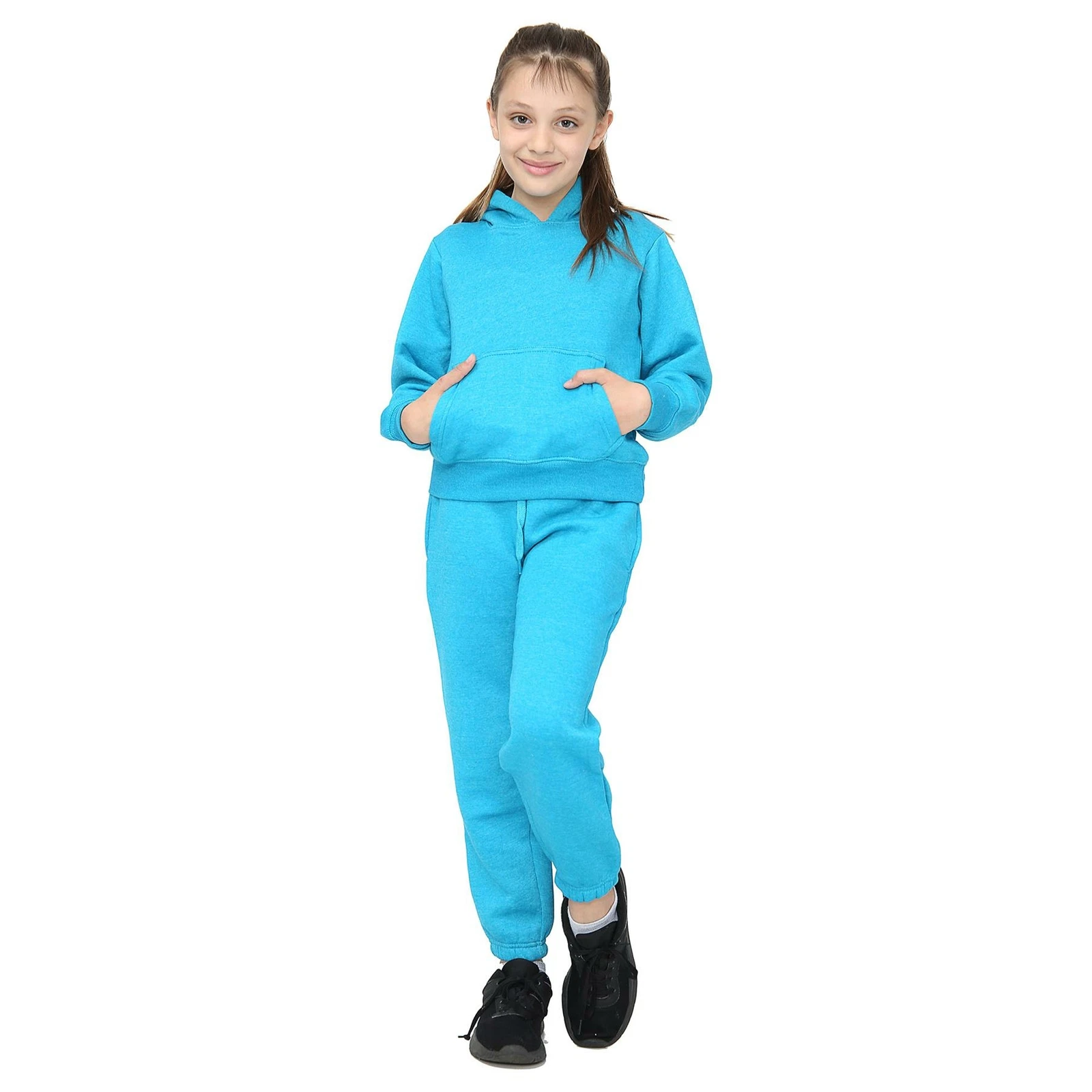 Kids Girls Plain Aqua Hooded Hoodie Tracksuit Jogging Suit Joggers 5-13 Years