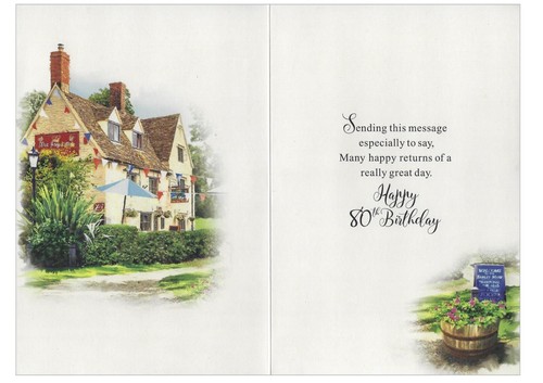 Age 80 Birthday Card - Pub Scene Men Male - 80th Size: 7.5"x5.25" - Picture 3 of 3
