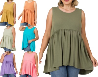 1X 2X 3X Women Round Neck Empire Waist Soft Stretchy Rayon Tank Baby Doll Tunic