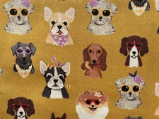 NEW & HTF Designer Luxury Novelty YELLOW PUPPY DOGS IN SUNGLASSES *Cotton FQ*