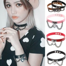 Allacki Gothic Punk PU Leather Choker with Chains Lock Necklace Collar Jewellery