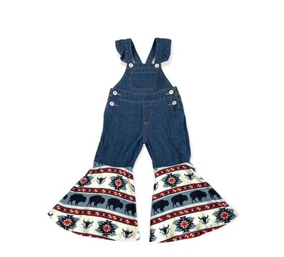 Girls 3T Western Denim Bell Bottom Overalls Buffalo Aztec Print Ruffle Strap NWT