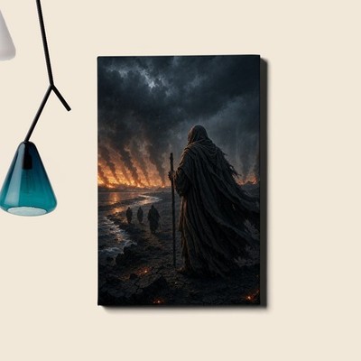 Apocalyptic robed figure wildfire horizon Art Print dark end times landscape