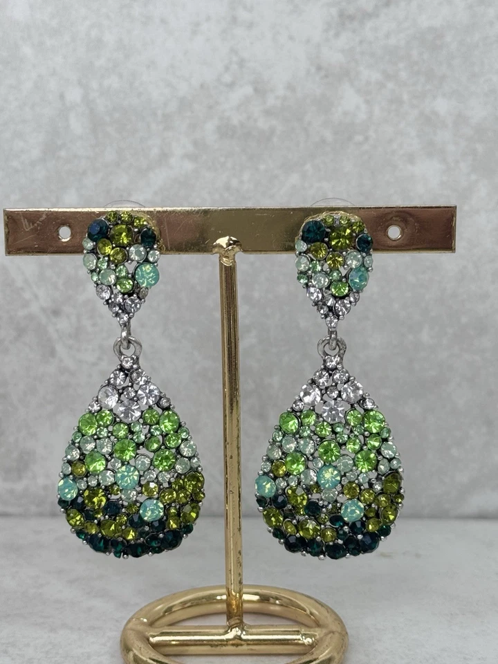 Crystal Tear Drop Green Earrings Boho Retro Statment Large Dangle Earrings UK - Image 2 of 4