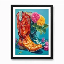 Oil Painting Of Colourful Flowers A Framed Wall Art Poster Canvas Print Picture