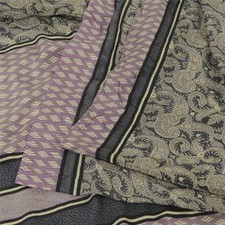 Sanskriti Vintage Saree Black Pure Crepe Silk Floral Printed Sari 5.5 Yd Fabric