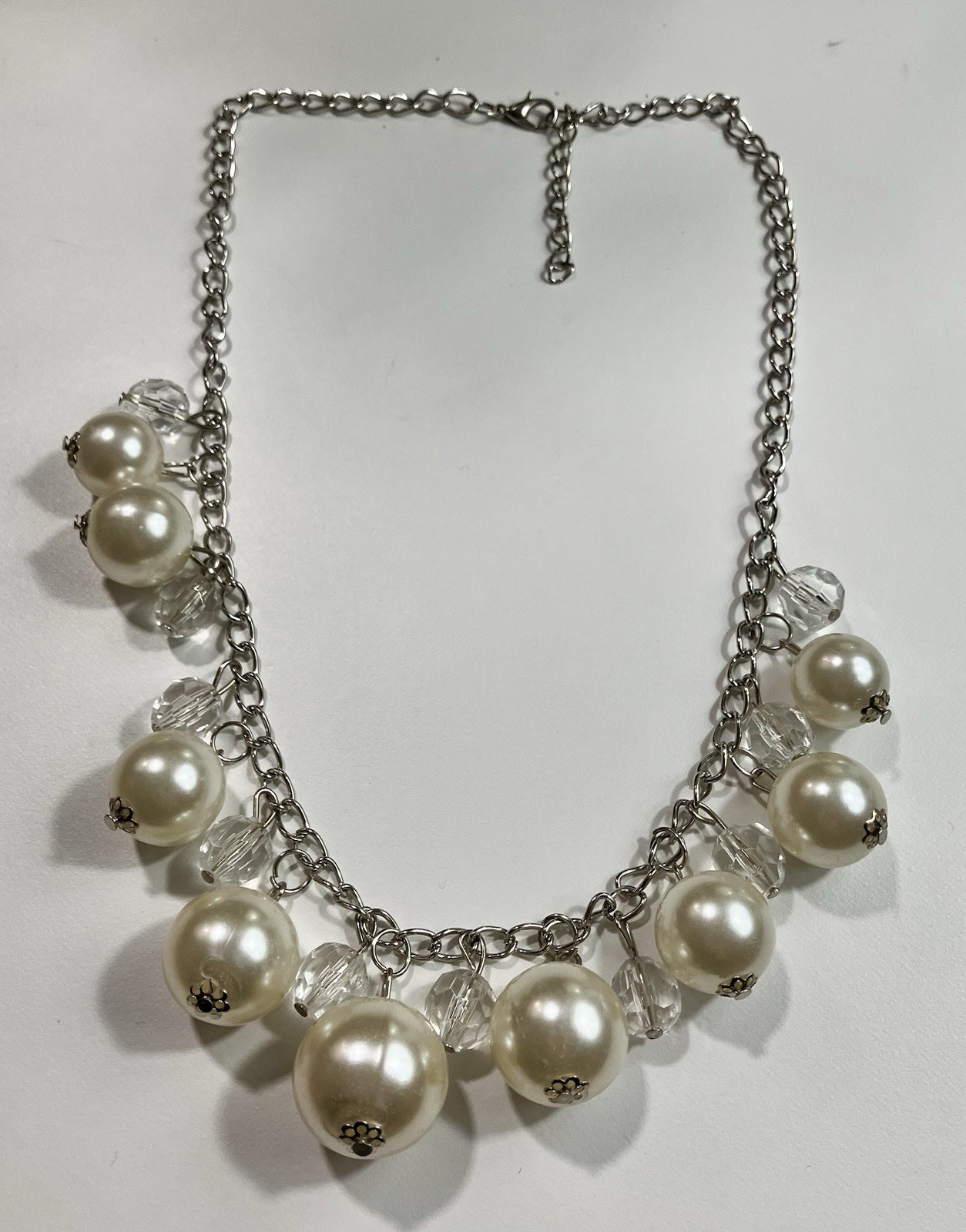 Talbots Inspired necklace faux pearls and clear beads on a silver-tone chain