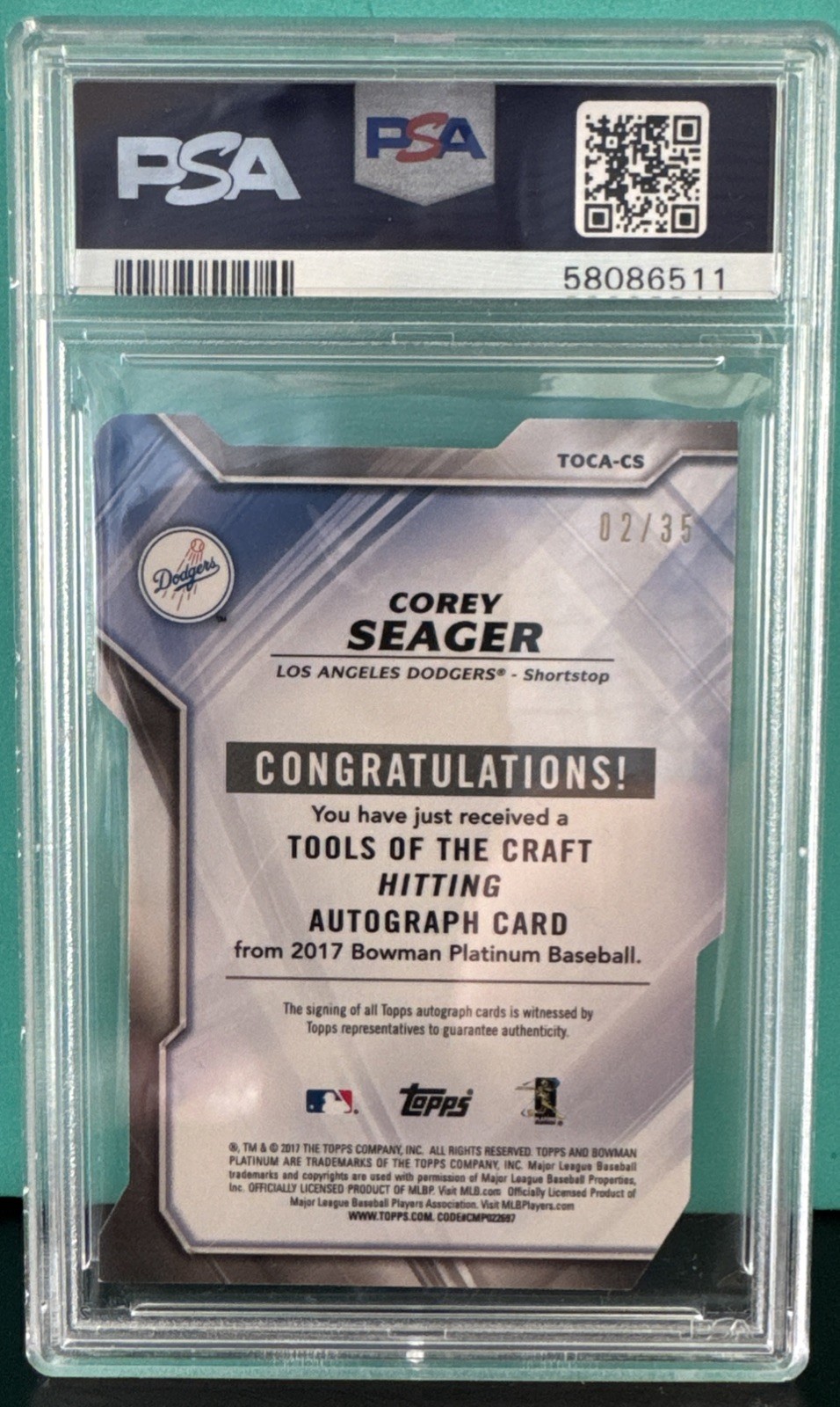 Corey Seager 2017 Bowman Platinum Tools/Craft PSA Mint 9 Auto (RC, AU) Dodgers view 2