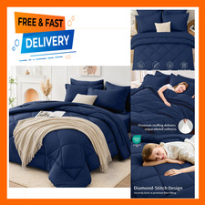 King Size Comforter Set 7 Pieces All Season Microfiber Luxury Bedding Navy Blue