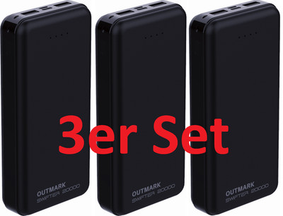 (B-Ware) 3er Set OUTMARK POWERBANK schwarz 20000mAh 2xLADEANSCHLUSS USB-A