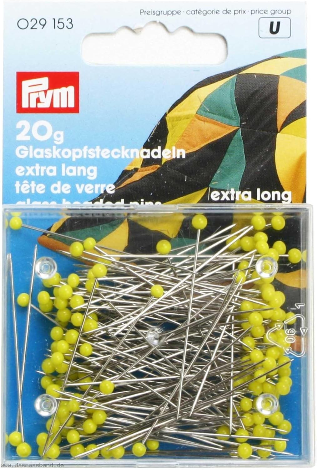Prym PRYM_029153-1 0.60 x 43 mm Extra Long Glass Headed Pins, Yellow