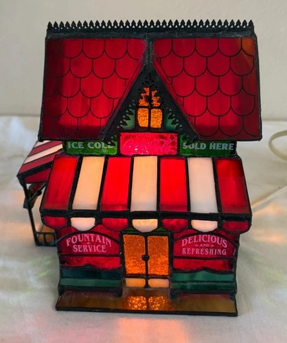 VINTAGE COCA COLA FRANKLIN MINT STAINED GLASS CORNER STORE FOUNTAIN SERVICE LAMP