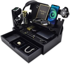 Nightstand Organizer for Men with Large Drawer, Birthday Gifts Black 