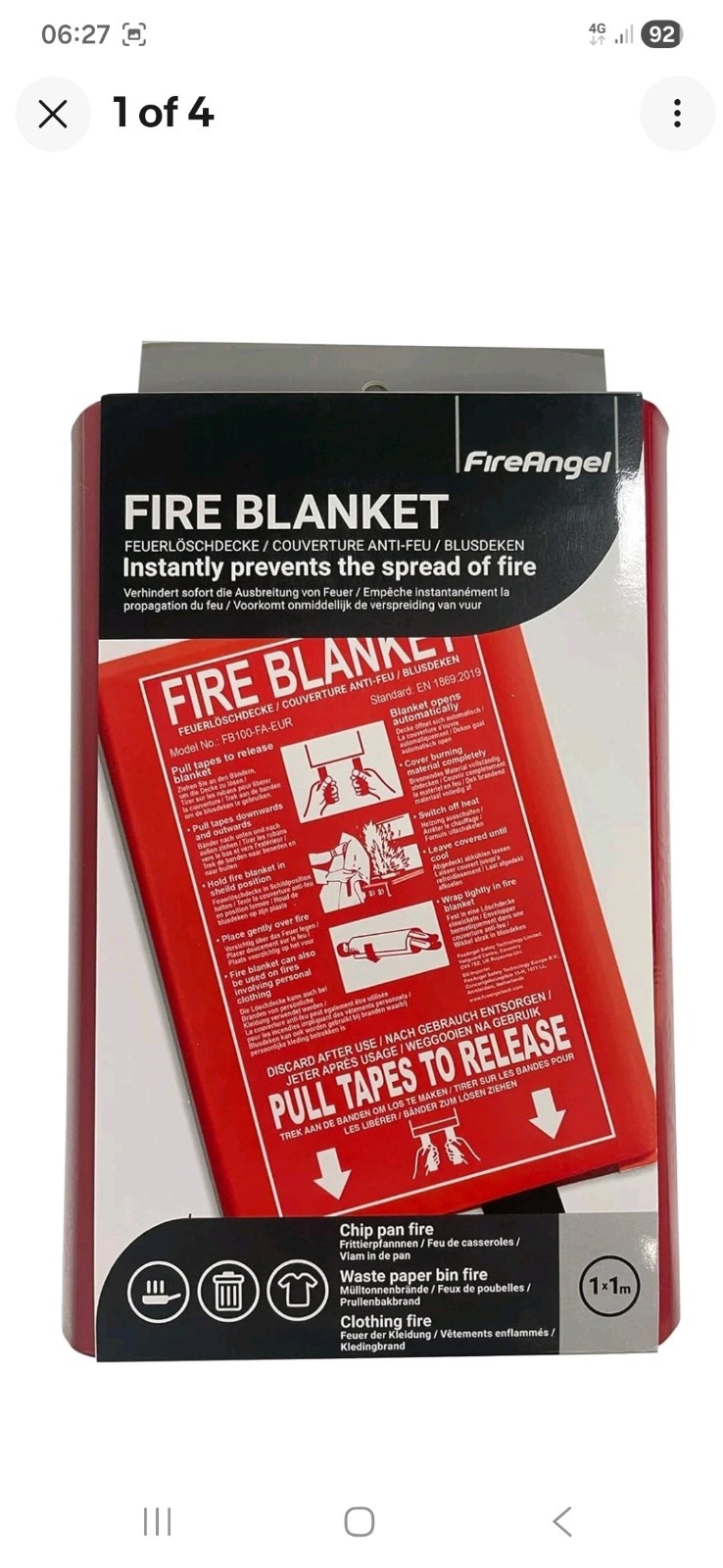 Fire Angel 1m x 1m Fire Blanket Ideal for Kitchens, Garages, Caravan, Campervan