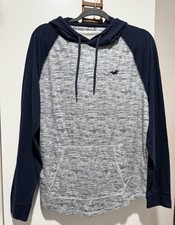Hollister Men s M Heathered Gray/Blue Pullover Hoodie, Logo, Drawstring, Pockets
