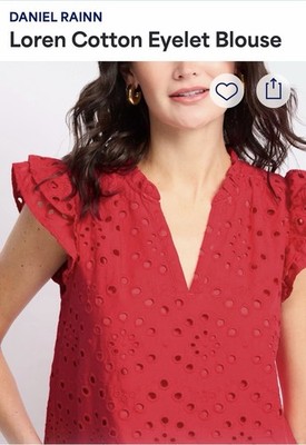 Daniel Rainn Loren Red Eyelet Blouse 100% Cotton V-Neck Flutter Short Sleeve