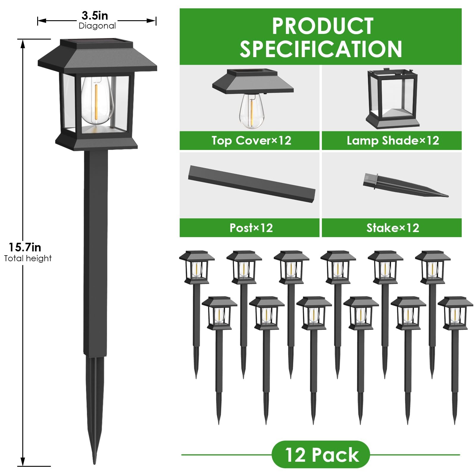 Solar outdoor lights, 12-pack waterproof pathway lights for yard and garden