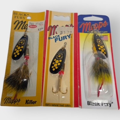 LOT OF 3- New VINTAGE Mepps Black Fury Dressed Spinners YELLOW BROWN FUR SIZE 4