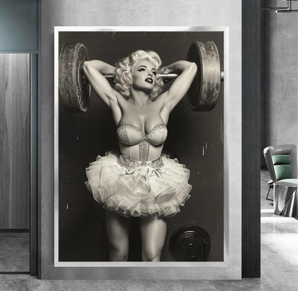 Arte de pared en lienzo Marilyn Monroe levantando pesas en tutú arte pop impresión decoración de pared Foto 4 de 4