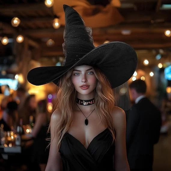 Chapéu de bruxa feminino preto mascarado franzido tamanho grande bruxas chapéus de veludo largos... - Imagem 3 de 4