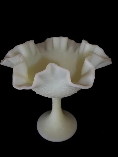 Fenton Art Glass Footed Lt Lime Satin Custard Compote Persian Medallion Glows