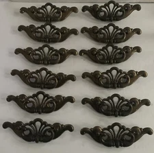 Lot of 12 VTG Drop Bail Drawer Pulls Batwing Brass Color Hardware Patina 6” READ