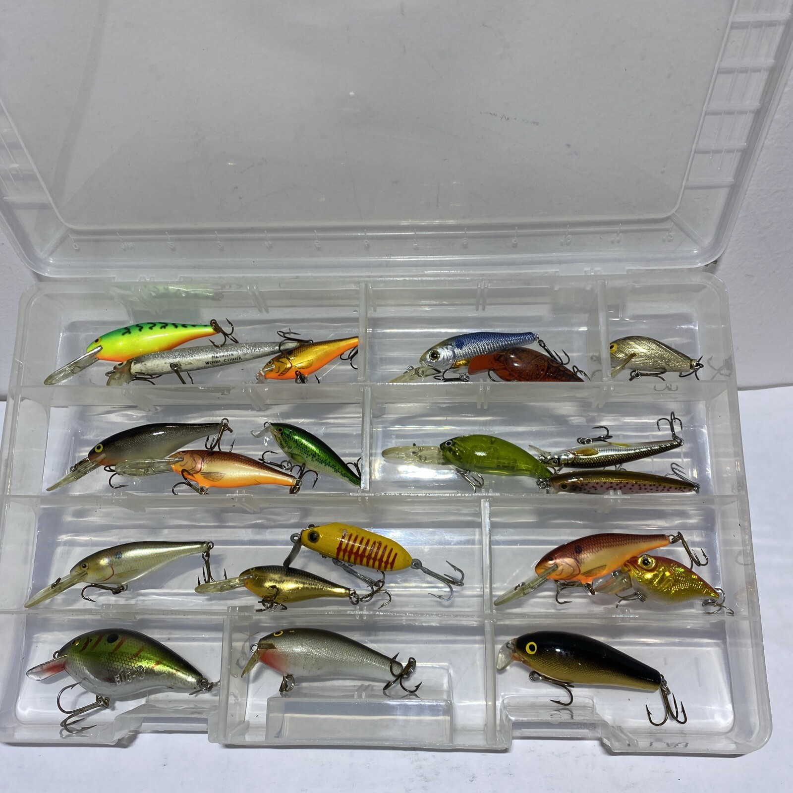 Lot de 64 leurres de pêche VINTAGE poissons plats, Rapala, Heddon