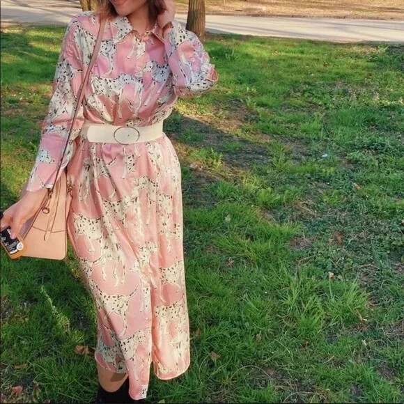 pink dalmatian dress Women's Dusty Pink Dalmatian Tie Neck Puff Sleeve Wrap Skirt Bodycon Dress