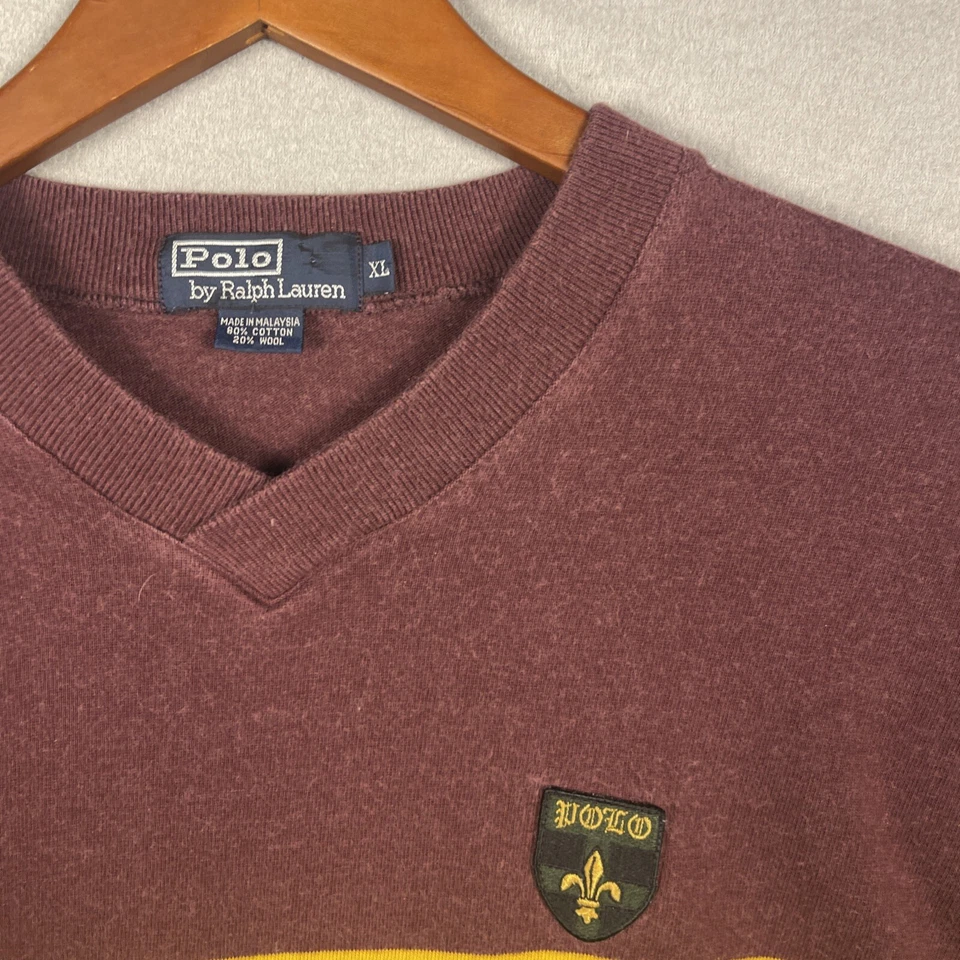 VTG Polo Ralph Lauren Sweater Men’s XL Wool MaroonStriped Embroidered Preppy - Image 2 of 4