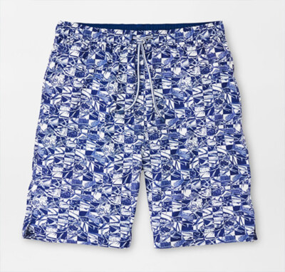 Peter Millar Men's Atlantic Blue Check Bait Graphic Print 8'' Swim Trunks