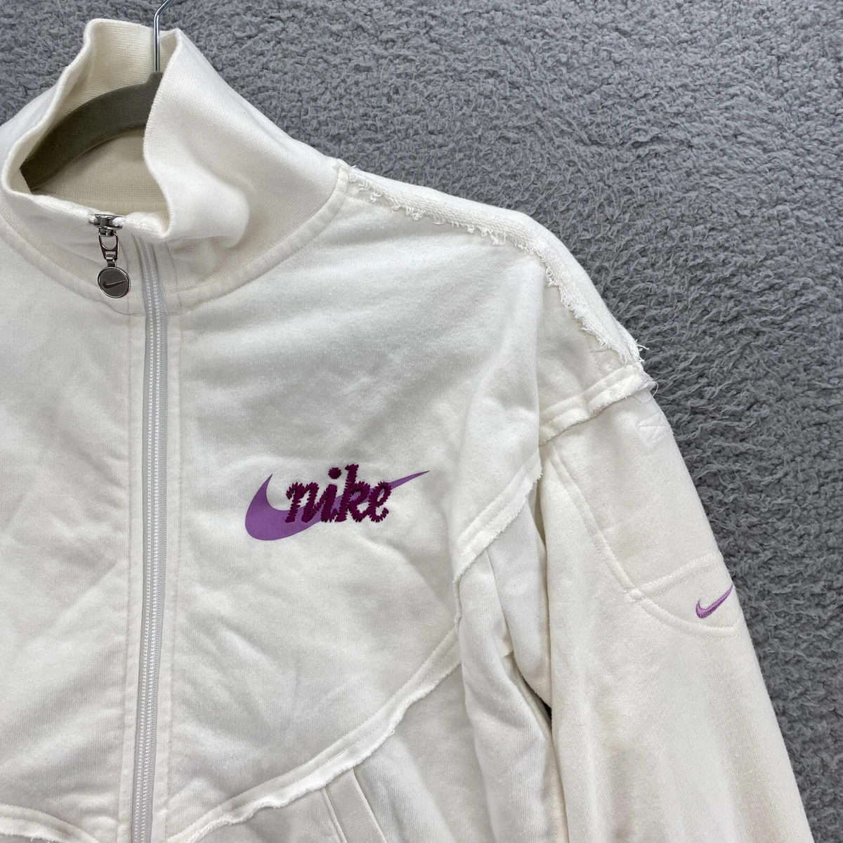 Nike Y2K Zip Up Womens Large 2000s White Full Zip Sweater Script Logo Terry