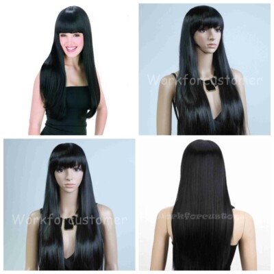 100% Human Hair Wig Long Black Brazilian Full Wig Straight