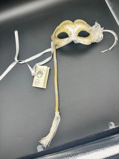 White, Gold & Green Handle Masquerade Mask - Image 2 of 4