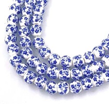 6mm Floral Blue White Porcelain decals Round Beads 30 