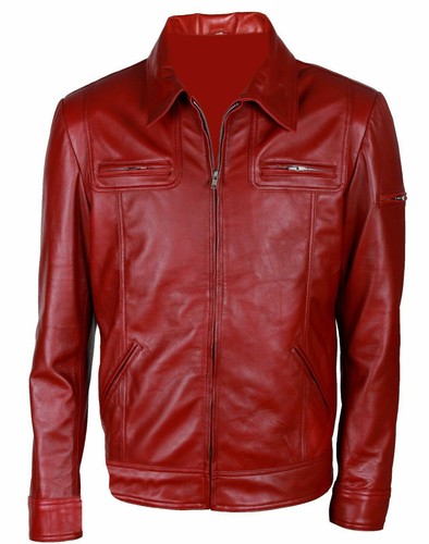 Mens Fight Club Brad Pitt Red Real Leather Jacket Fc Coat Biker Cafe Motorcycle Ebay