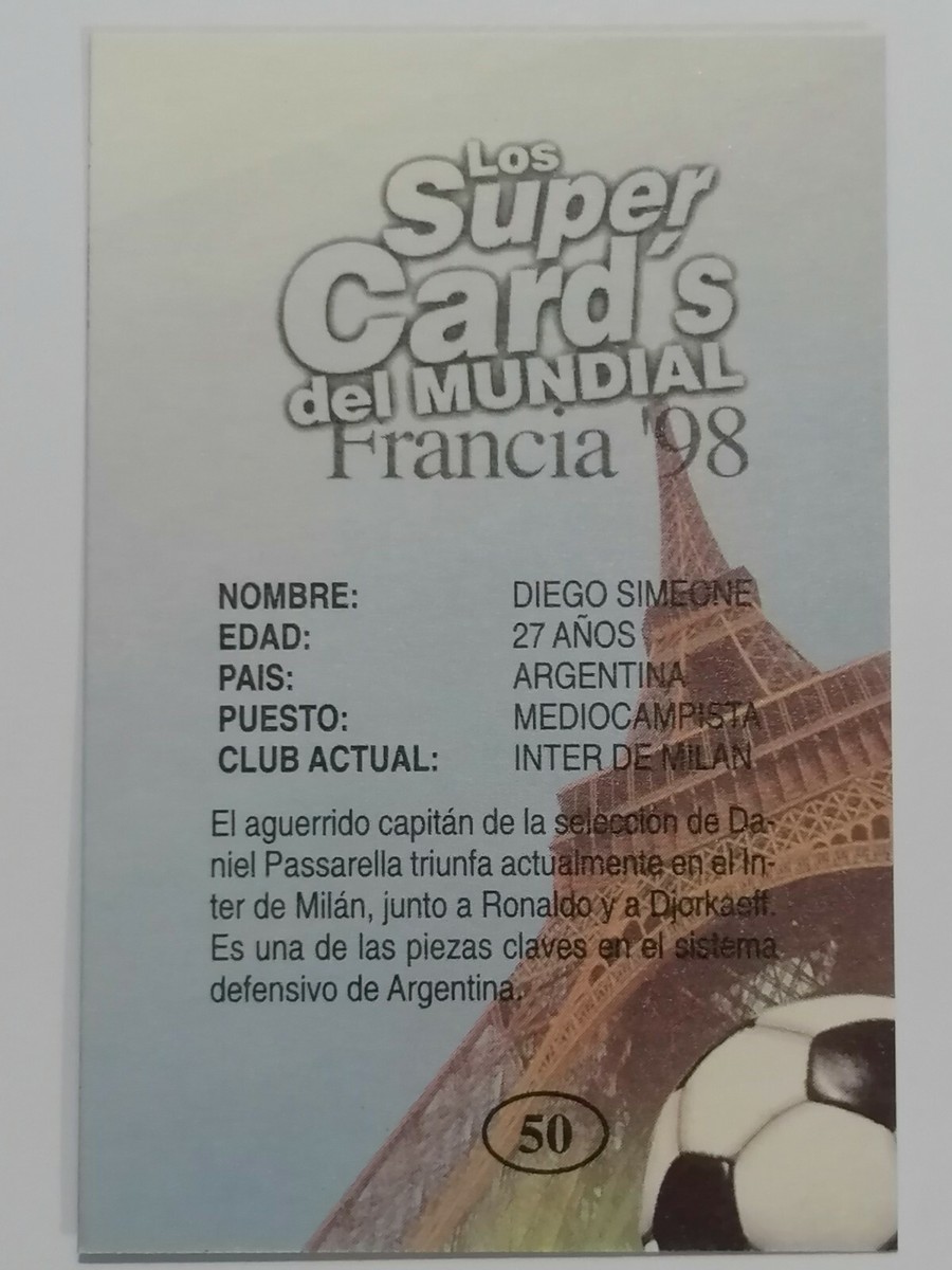 FRANCE 98 #50 Diego Simeone CARD FIFA WORLD CUP 1998, South