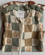 BNWT Baby Boys 3pk Netural Checkerboard Footless Sleepsuits 9-12 months NEXT