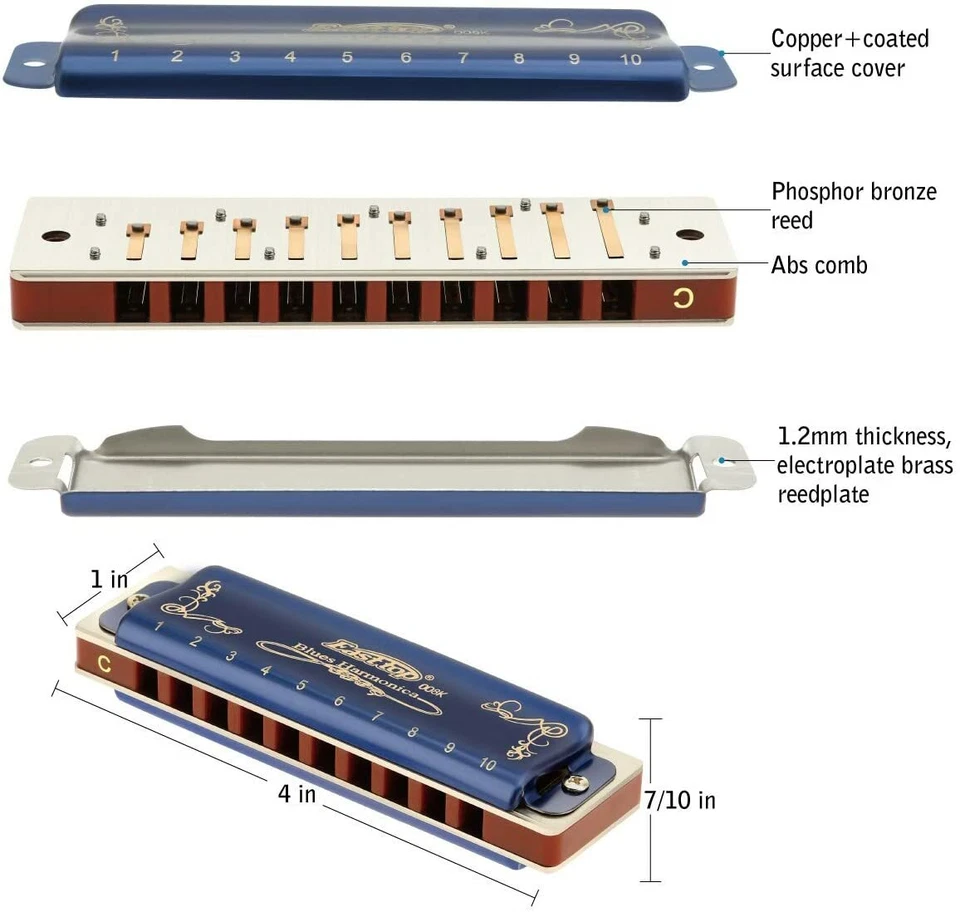 EASTTOP 10hole Harmonica Set T008K-12 Set Mouth Organ in One Case Blue Covers - Image 4 of 4
