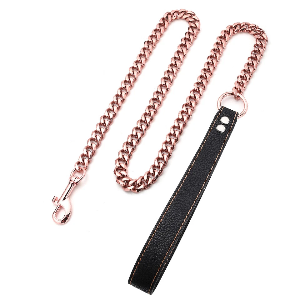 11/15mm Rose Gold Tone Stainless Steel Cuban Link Dog Chain Leash Leather Handle - Image 4 of 4