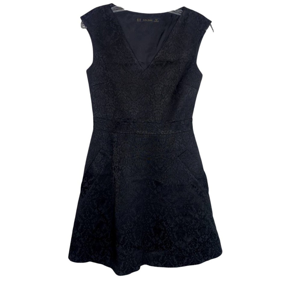 ZARA Sleeveless Embossed Jacquard V Neck Dress Pockets Zipup XS Black
