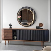 Stilvolle Garnitur Designer Braunes Sideboard Rundspiegel 2Tlg Holz Set
