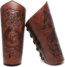 Medieval Leather Bracers Dragon Embossed Viking Arm...