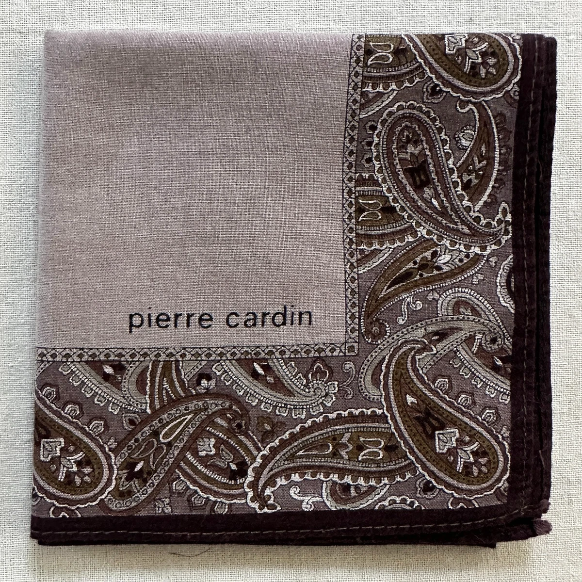VTG Handkerchief Plain Brown Cotton Paisley Flourish Border Pocket Square 17"~B
