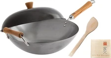 JOYCE CHEN Classic Series 14-Inch Uncoated Carbon Steel Wok Set with Lid and Bir